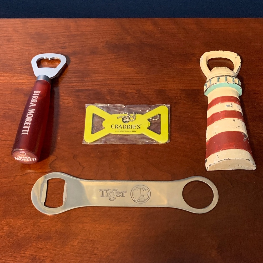 Beer Bottle 4 Openers Set Lighthouse, Tiger, Morertti, Crabbies